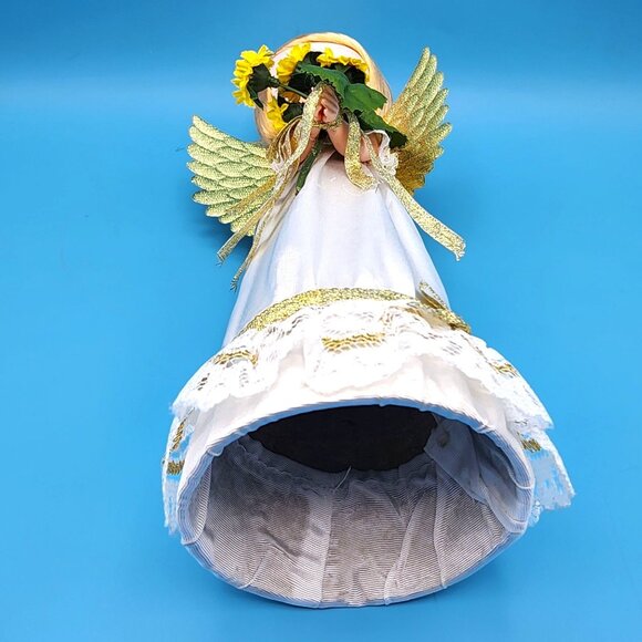 1960s Angel Tree Topper Sockinette Big Eyes Sunflower Bouquet Gold Wings Halo - Picture 11 of 12